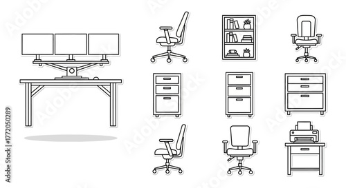 office furniture ergonomic office setup with desk monitors chair filing cabinet and bookcase for modern workplace design office essentials