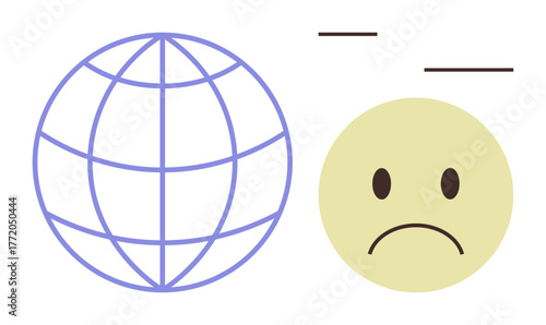Sad face emoticon paired with globe outline conveys themes of global challenges, emotional distress, environmental concerns. Ideal for mental health, climate change, globalization, sustainability