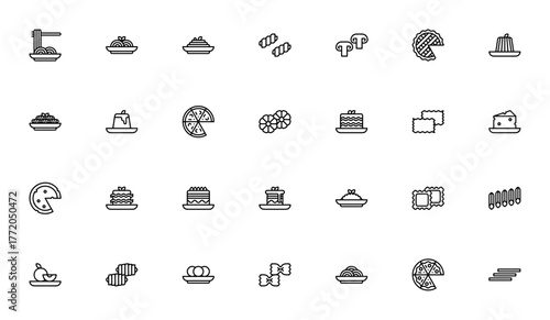 Italian Food icon set. Vector illustration. Includessymbols for Spaghetti, Piza, Tiramisu, Lasagna, Risoto, Gnocchi, Panna Cotta ad more. Editable stroke.