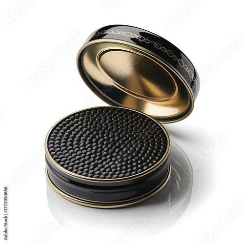 Luxurious caviar tin open revealing rich black roe on isolated background
