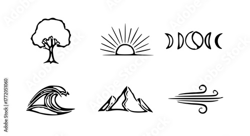 Mindful Nature Icon Collection-tree silhouette, sun rays, moon phase, wave, mountain, and wind swirl.