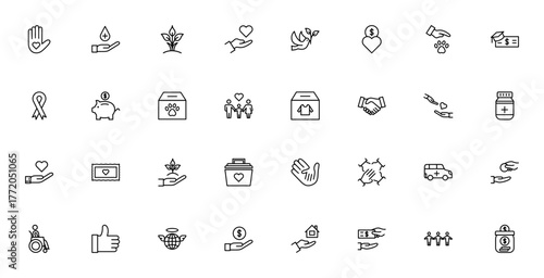 Donations icon set. Vector illustration. Includes sybols for volunteer, blood onation, charity, piggy bak, helping hand, support ad more. Editable stroke.