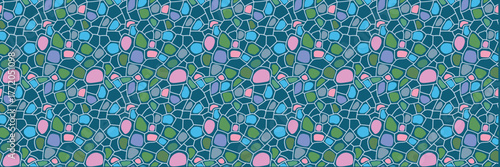 A stained glass mosaic pattern. Blue plant cell texture. Abstract vector seamless background with geometric elements. For interiors, spa, textile and fabric.