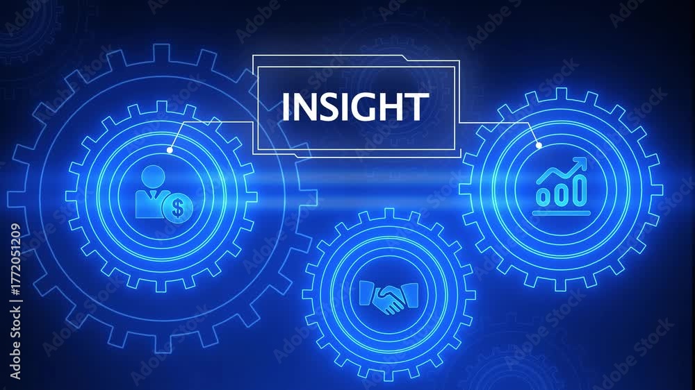 Digital illustration of interconnected gears with icons representing business insight and financial progress on a dark blue background
