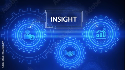 Digital illustration of interconnected gears with icons representing business insight and financial progress on a dark blue background