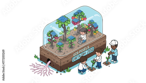 Isometric illustration depicting children planting trees and tending to a miniature ecosystem powered by solar panels under a glass dome.