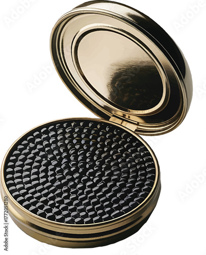 Luxury caviar tin open displayed on white chroma key for gourmet food presentation