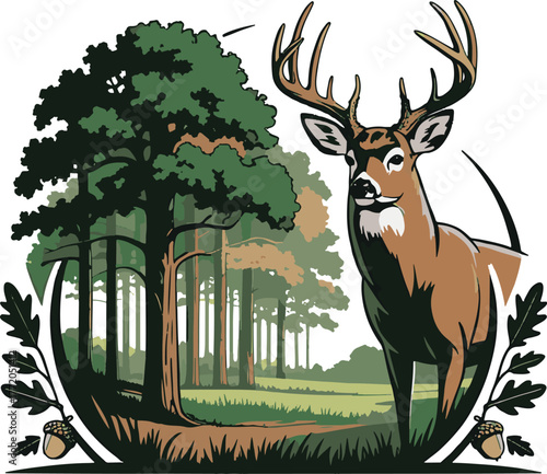 Majestic stag stands proud beside lush forest in gauther land management emblem