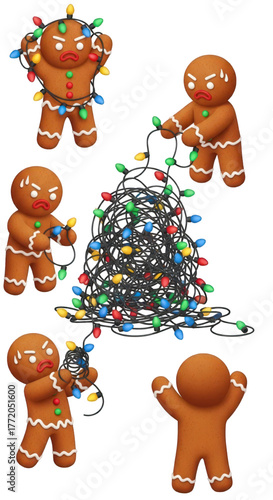 Set of funny gingerbread men characters struggling with tangled Christmas lights.