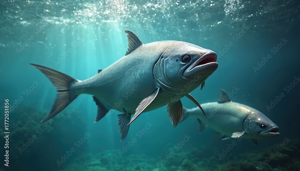 Fototapeta premium Salmon swim in clean blue water under sun rays. Fish school in a modern aquaculture farm facility, representing sustainable food production and healthy aquatic life.