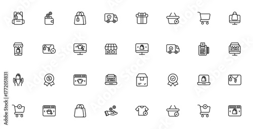 Shopping icon set. Minimal vector icons pack. Includs symbols for online shop,shopping bag, delivery truk, add to cart, trolley, pyment, discount and more. ditable stroke.