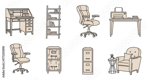 office furniture set desk chair bookshelf and filing cabinet offering complete workspace furnishing representing productivity and organization.