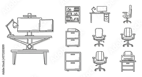 office furniture illustrating modern workspace interior design with desk chair and filing cabinet elements for professional environments office outfitting.