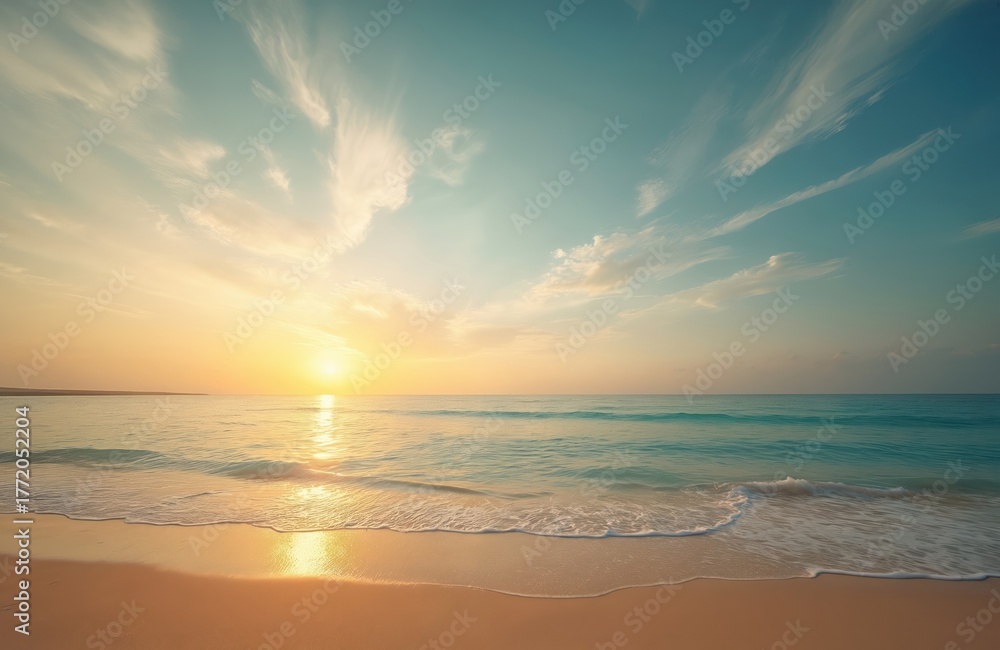 Fototapeta premium Tranquil sea beach sunset view with smooth water and clean sky. Coastal panoramic landscape with empty sandy beach perfect for travel vacation relax and eco tourism concept. Calm blue lagoon seashore.