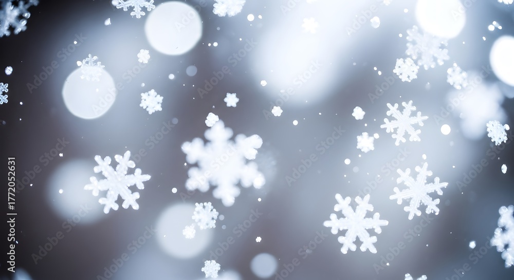 Fototapeta premium Abstract winter background featuring shimmering white snowflakes and soft bokeh lights.