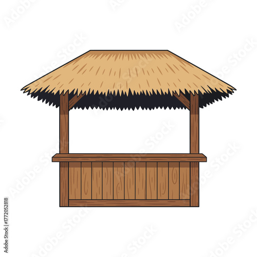 Cartoon style thatched roof wooden bar stand on white
