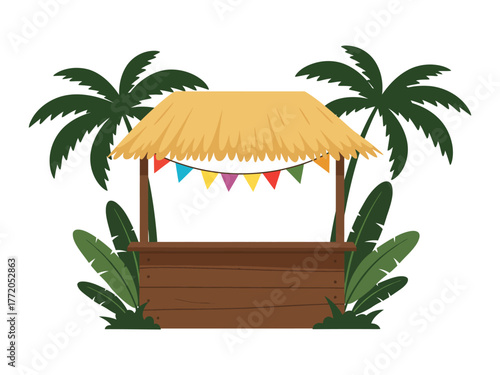 Tropical beach shack vector illustration with palm trees and bunting