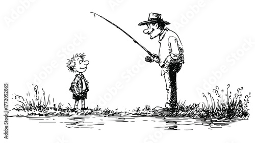 Father and Son Fishing Vector Drawing - Outdoor Recreation Illustration