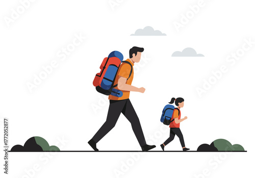 Dad and daughter trekking adventure outdoor hiking flat illustration