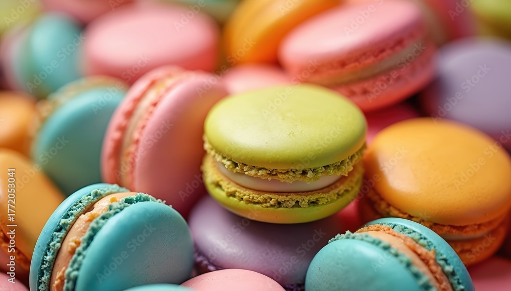 Obraz premium Colorful French macaroons closeup. Pile of sweet almond meringue cookies with cream filling. Tasty dessert biscuits in pastel colors stacked. Traditional confectionery snack delicious treat from