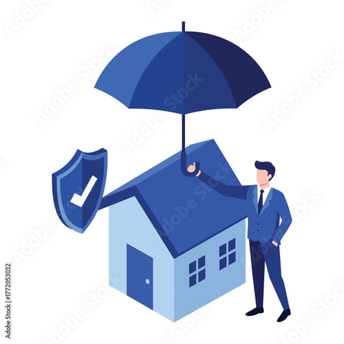 Business Man Holding Umbrella Over House Shield Checkmark