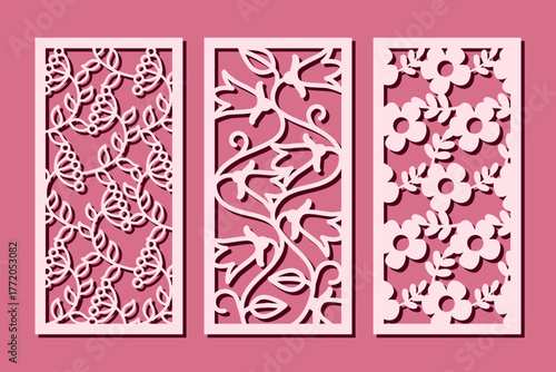 Decorative vertical panels with floral pattern. Vector design for home interior decor, partition, privacy screen, wall art, room dividers. Template for laser, cnc, plasma and plotter cutting