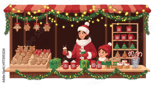 Woman and child vendors at a festive Christmas market stall.