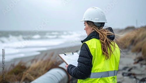 Field Engineer Walking Along Wind-Swept Coastal Pipeline