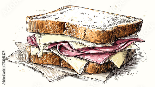 Delicious Hand-drawn Sandwich with Meat Sketch for Food Concepts