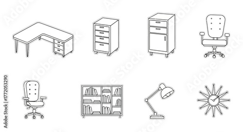 office furniture set desk chair bookshelf and lamp for workspace interior design offering functional elements and organizational solutions