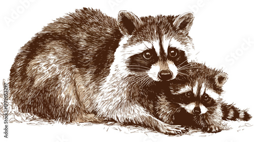 Cute Raccoon and Baby Vector Drawing with Outline Isolated