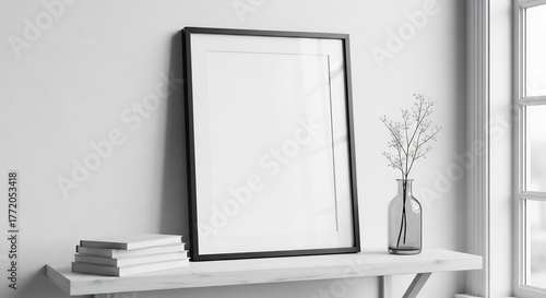 Serene home decor scene featuring a blank vertical frame mockup for art display on a wooden console table in a minimalist white room