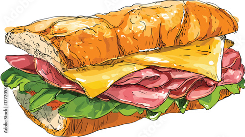 Delicious Sandwich with Meat and Cheese Vector Illustration for Food Concepts