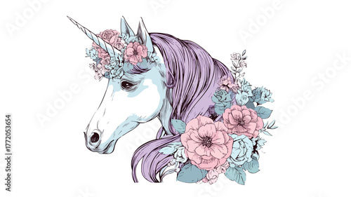 Enchanting Unicorn Drawing with Floral Headpiece - Whimsical and Magical Illustration
