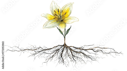 Detailed Yellow Flower Drawing with Exposed Roots Vector Illustration