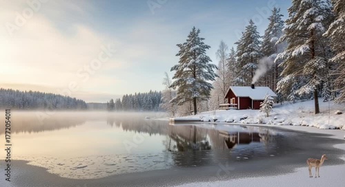 winter landscape with lake Seamless looping 4k time-lapse animation video background 