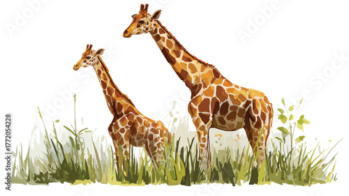 Majestic Giraffe Pair in Lush Grass Field - Vector Illustration