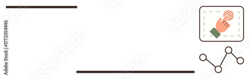 Hand tapping screen icon symbolizing user interaction. Connected dots highlight networking or data flow. Ideal for technology, communication, UX design, data sharing, innovation, connectivity