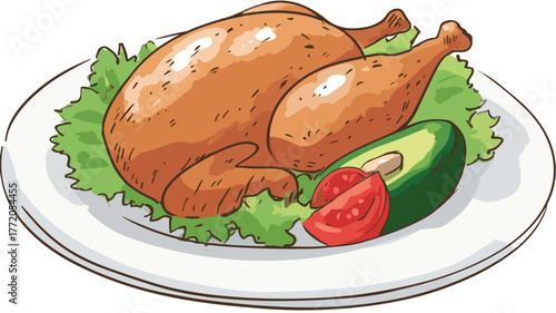 Delicious Plate of Food with Chicken and Avocado Vector Drawing