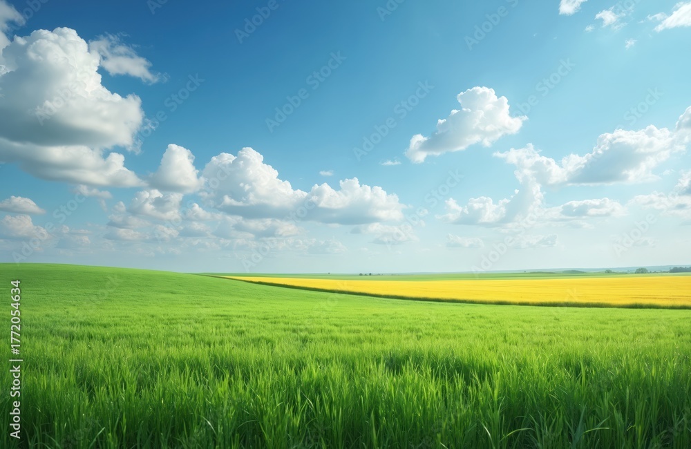 Obraz premium Green field, yellow crop field under blue sky with white clouds. Rural landscape with grass, agricultural land. Countryside view with sunny weather, rolling hills. Nature scenery with vibrant colors.