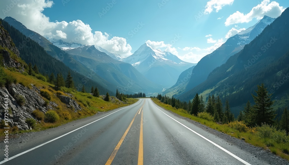 Fototapeta premium Empty mountain highway stretches to snowy peaks under blue sky. Coniferous trees flank road. Mountain landscape with route and meadow. A car trip in freedom and heat.