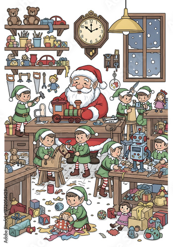 Santa Claus and his busy elves preparing toys for Christmas.