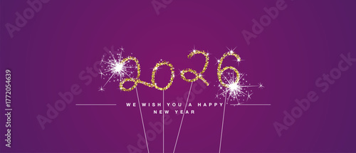 We wish you Happy New Year 2026 eve handwritten tipography with golden glitter stars and sparkler firework purple background greeting card