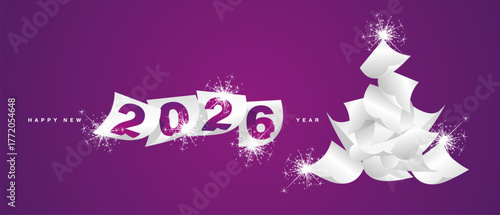 We wish you Happy New Year 2026. Beautiful winter holiday greeting card design template on purple background. White papers in the form of Christmas tree. New Year 2026 with calendar sheets