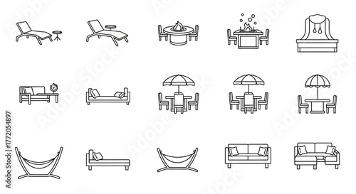 outdoor furniture set including sofas tables and hammocks for relaxing in patios promoting comfort and outdoor lifestyle appeal perfect for summer design