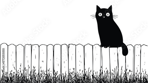 Cute Black Cat Perched on Fence, Enjoying Coloring Fun Vector Design