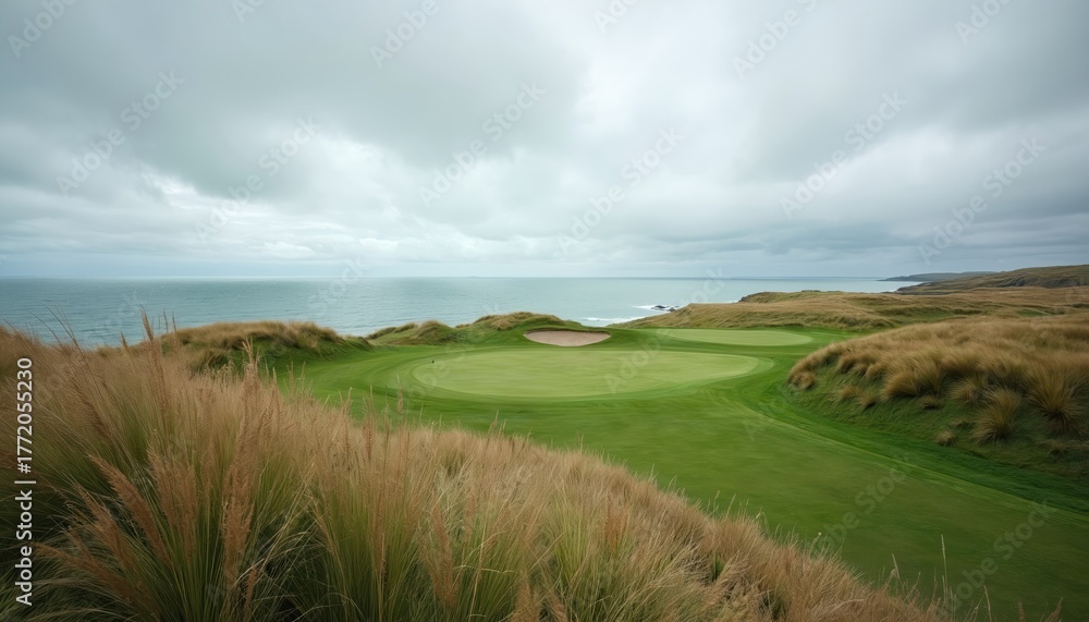 Fototapeta premium Green golf course fairways, greens sit on coastal cliffs near ocean. Tall dry grass covers hillsides under cloudy sky. Links course offers stunning natural beauty. Perfect spot for golf sport