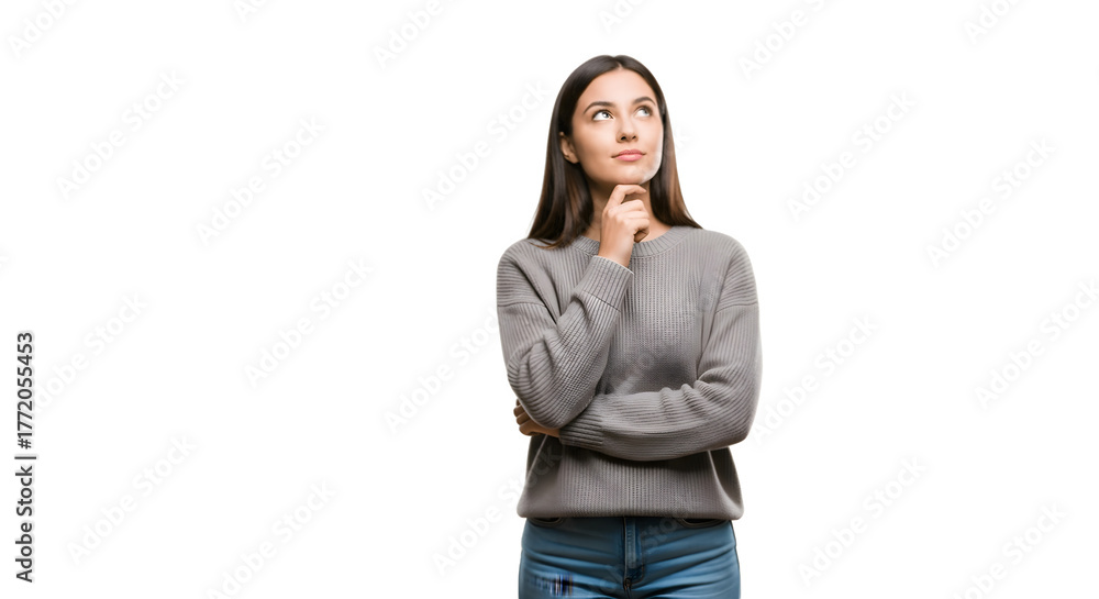 © syihab - Thoughtful young woman contemplating with hand on chin.