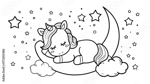 Adorable Kawaii Unicorn Sleeping on Moon Coloring Page Vector Design