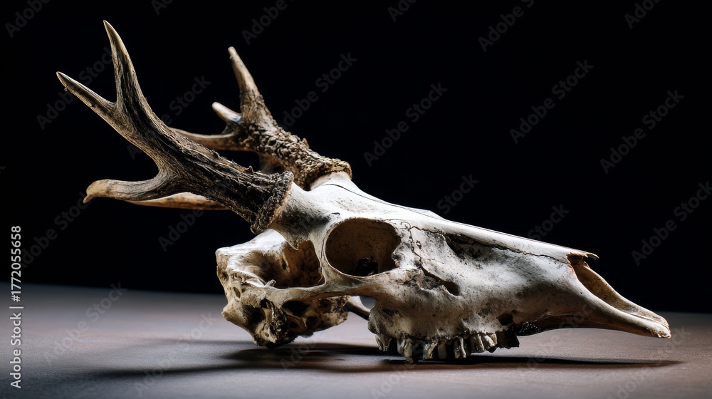 Obraz premium Animal skull on surface representing rustic, nature-inspired decor, skeletal anatomy and dark conceptual product photography visual artistic composition
